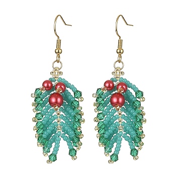 MIYUKI Rocailles & Glass Pearl Beaded Leaf Dangle Earrings, 304 Stainless Steel Long Drop Earrings, Medium Turquoise, 59mm