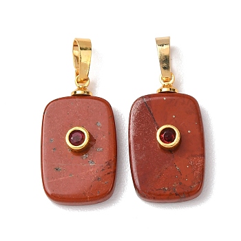 Natural Red Jasper Pendants, Rectangle Charms with Brass Micro Pave Cubic Zirconia Findings, Golden, 25x13x5mm, Hole: 7x4mm