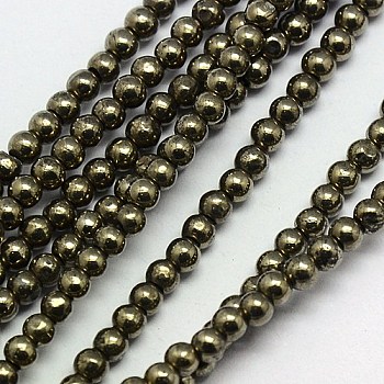 Natural Pyrite Beads Strands, Round, 3mm, Hole: 0.5mm, about 130pcs/strand, 15.74 inch