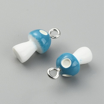 Opaque Resin Pendants, with Platinum Tone Alloy Loops, Mushroom Charm with Polka Dot Pattern, Steel Blue, 16x8mm, Hole: 2mm