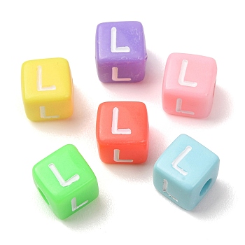 Opaque Acrylic European Beads, Large Hole Beads, Cube with Letter L, Mixed Color, 10x9x9~9.5mm, Hole: 4mm, about 580pcs/500g