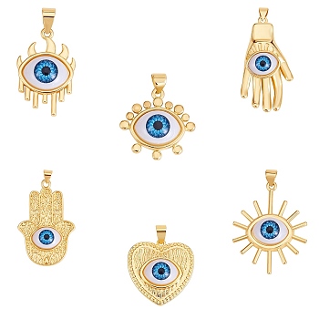 6Pcs 6 Styles Resin Pendants, with Real 18K Gold Plated Brass Findings, Long-Lasting Plated, mixed Shapes with Evil Eye, Dodger Blue, 21.5~43x10~27x6~11mm, Hole: 5~6x3.5mm, 1pc/style