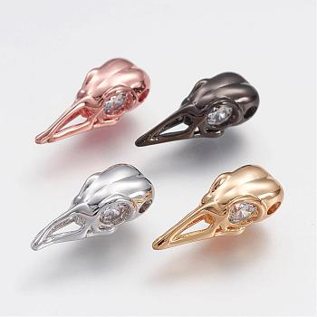 Brass Micro Pave Grade AAA Cubic Zirconia Beads, Bird Skull, Cadmium Free & Nickel Free & Lead Free, Mixed Color, 18x7x5.5mm, Hole: 2mm