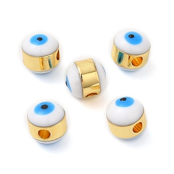 Brass Enamel Beads, Cadmium Free & Lead Free, Long-Lasting Plated, Golden, Rondelle with Evil Eye, White, 6x7mm, Hole: 1.8mm