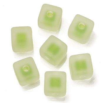 Frosted Acrylic European Beads, Bead in Bead, Cube, Yellow Green, 13.5x13.5x13.5mm, Hole: 4mm