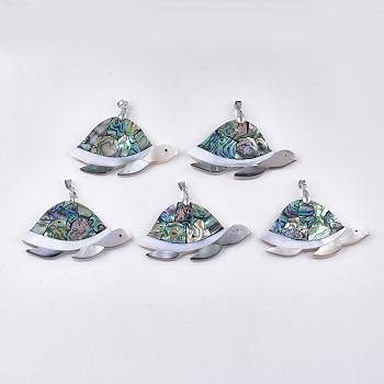Mixed Shell Pendants, with Brass Findings, Sea Turtle, Platinum, 38x60~63x4~4.5mm, Hole: 6x4mm