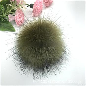 Faux Fox Fur Soft Pompom Ball, with Metal Snap Button, for Hats Shoes Scarves Bag Charms Accessories, Dark Olive Green, 100mm