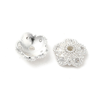 Rack Plating Brass Beads Caps, with Clear Cubic Zirconia, Long-Lasting Plated, Lead Free & Cadmium Free, Flower, Silver, 8x8x2.5mm, Hole: 1.2mm