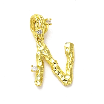 Rack Plating Brass Micro Pave Cubic Zirconia European Dangle Charms, Large Hole Letter Pendant, Real 18K Gold Plated, Long-Lasting Plated, Cadmium Free & Lead Free, Letter N, 26mm, Charm: 16x13.5x2mm, Hole: 4x2.5mm