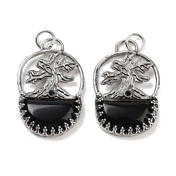 Natural Obsidian Bag Pendants, Rack Plating Antique Silver Plated Brass Tree Charms, Cadmium Free & Lead Free, 41x26x6mm, Hole: 5.5mm