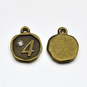 Antique Bronze Plated Alloy Rhinestone Charms, Flat Round with Num.4, Nickel Free, 13x10x1.5mm, Hole: 1mm