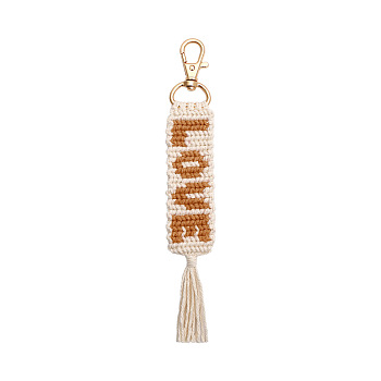 Valentine's Day Word Love Hand-woven Cotton Pendant Decorations, Bohemian Style Letter Tassel Ornaments, with Alloy Lobster Clasp Charm, Peru, 180x28mm