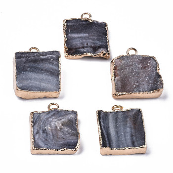 Natural Druzy Agate Pendants, Druzy Trimmed Stone, with Light Gold Plated Edge and Iron Loop, Square, Gray, 20~21x17~18x4~8mm, Hole: 2mm