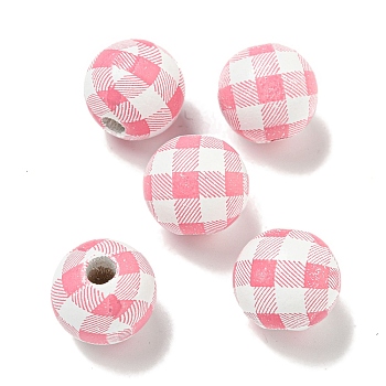 Printed Wood European Beads, Round with Tartan Pattern, Cerise, 15.5~16mm, Hole: 4~4.5mm