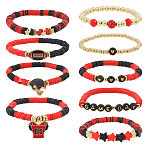 9Pcs 9 Styles Handmade Polymer Clay Heishi Beads Stretch Bracelets, Alloy & Reisn Rugby Charm Bracelets for Women, Red, Inner Diameter: 1.89 ~2.05 inch(4.8~5.2cm)(BJEW-WH0012-101A)