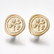 Brass Stud Earring Findings, with Loop, Nickel Free, Real 18K Gold Plated, Flat Round with Clover, 13x13.5mm, Hole: 2mm, Pin: 0.8mm(KK-T038-461G)