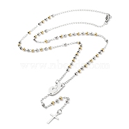 202 Stainless Steel Rosary Bead Necklaces, Cross Pendant Necklaces, Stainless Steel Color, 19-1/2 inch(49.5cm)(NJEW-D060-01C-GP)