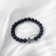 Round Natural Lava Rock Beaded Stretch Bracelets, Cross Bracelets for Women Men(SA8738-1)