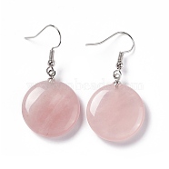 Natural Rose Quartz Flat Round Dangle Earrings, Platinum Brass Jewelry for Women, 42mm, Pin: 0.7mm(EJEW-D188-03P-09)