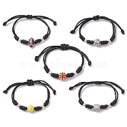 Adjustable Nylon Thread Braided Bead Bracelets Sets, with Acrylic & Alloy Beads, Sports Balls, Mixed Shapes, Inner Diameter: 3-5/8 inch(9.3cm), 5pcs/set(BJEW-JB10079)