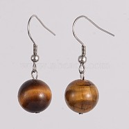 Round 304 Stainless Steel Natural Tiger Eye Dangle Earrings, 35mm, Pin: 0.8mm(EJEW-JE01973-05)