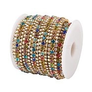 Zinc Alloy Rhinestone Strass Chains, Three Rows Rhinestone Cup Chains, with Spool, Golden, Colorful, 8.5x3.5mm, about 4.8yard(4.4m)/set(FIND-FW0001-30G)