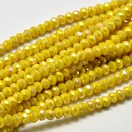 Faceted Rondelle Full Rainbow Plated Electroplate Glass Beads Strands, Yellow, 3.5x2mm, Hole: 0.5mm, about 148pcs/strand, 14.9 inch(EGLA-J134-3x2mm-FR05)