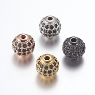 Brass Micro Pave Cubic Zirconia Beads, Round, Black, 8mm, Hole: 1.5mm(ZIRC-E134-8mm-05)