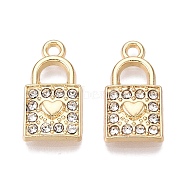 Rack Plating Alloy Rhinestone Pendants, Lock with Heart, Crystal, 17x9x2.5mm, Hole: 1.6mm(FIND-N005-29G-A)