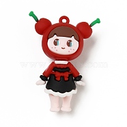 PVC Plastic Pendants, Girl with Cherry, Red, 65x48x25mm, Hole: 3mm(KY-D016-13)