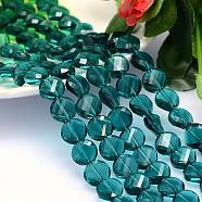 Faceted Flat Round Imitation Austrian Crystal Bead Strands, Grade AAA, Teal, 10x5mm, Hole: 0.9~1mm, about 40pcs/strand, 15.7 inch(G-M193-10mm-24A)