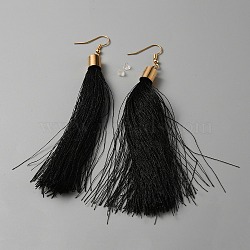 Cotton Tassel Dangle Earrings, Golden Alloy Jewelry for Women, Black, 115mm, Pin: 0.6mm(EJEW-WH0012-045)