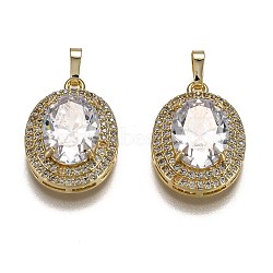 Golden Plated Brass Micro Pave Clear Cubic Zirconia Pendants, with Glass, with Snap on Bails, Long-Lasting Plated, Oval, Clear, 22.5x16x7mm, Hole: 3x5mm(ZIRC-F123-02E)