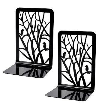 Recrtangle Non-Skid Iron Bookend Display Stands, Desktop Heavy Duty Metal Book Stopper for Shelves, Black, Tree Pattern, 95x120x175mm
