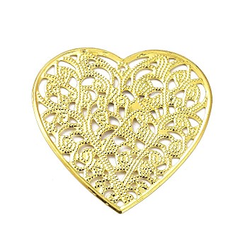 Rack Plating Iron Filigree Pendants, Heart Charm, Golden, 46x45.5x0.6mm, Hole: 1.4mm