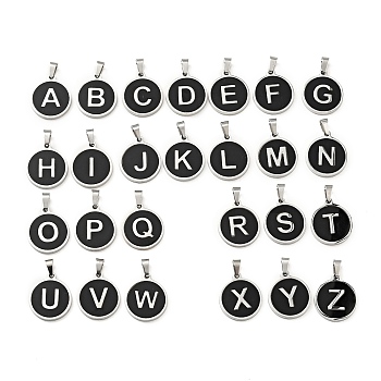 304 Stainless Steel Pendants, with Acrylic, Flat Round with Letter, Stainless Steel Color, Letter A~Z, 18x16x1.5mm, Hole: 3x6mm
