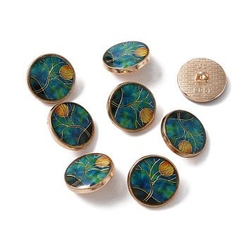 Alloy Enamel Shank Buttons, Flat Round with Tree, Light Gold, Teal, 18x7~8mm, Hole: 2mm