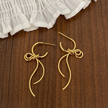 Brass Stud Earrings for Women, Bowknot, Half Hoop Earrings, Golden, 48.6mm