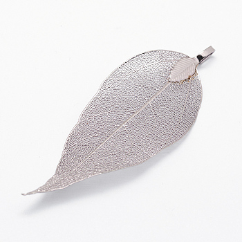 Brass Plated Natural Leaf Big Pendants, Long-Lasting Plated, Leaf, Lilac, 52~86x23~46x0.5~3mm, Hole: 3x5.5mm