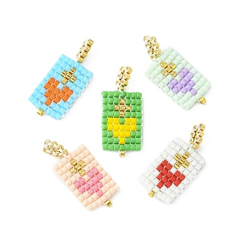 Handmade MIYUKI Japanese Seed Loom Pattern Seed Beads, Rectangle with Heart Pendants, Mixed Color, 23.5~24x10x2mm, Hole: 2.5mm