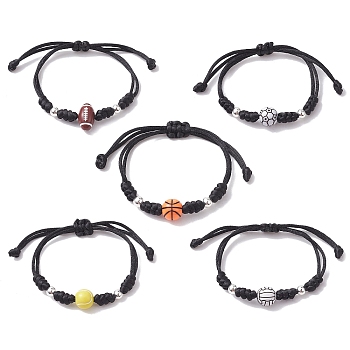 Adjustable Nylon Thread Braided Bead Bracelets Sets, with Acrylic & Alloy Beads, Sports Balls, Mixed Shapes, Inner Diameter: 3-5/8 inch(9.3cm), 5pcs/set