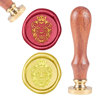 Brass Wax Seal Stamp, with Natural Rosewood Handle, for DIY Scrapbooking, Golden, Lion Pattern, Stamp: 25mm, Handle: 83x22mm, Head: 7.5mm