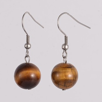 Round 304 Stainless Steel Natural Tiger Eye Dangle Earrings, 35mm, Pin: 0.8mm