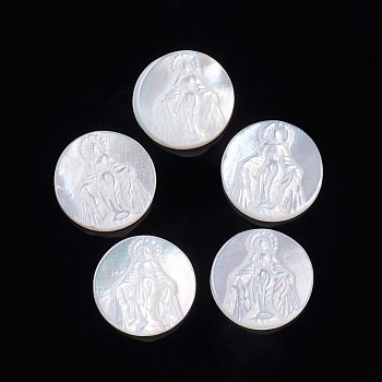 Natural White Shell Cabochons, Religion, Flat Round with Virgin Mary, 10x2.5~3mm