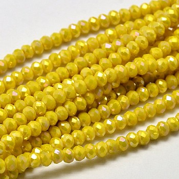 Faceted Rondelle Full Rainbow Plated Electroplate Glass Beads Strands, Yellow, 3.5x2mm, Hole: 0.5mm, about 148pcs/strand, 14.9 inch