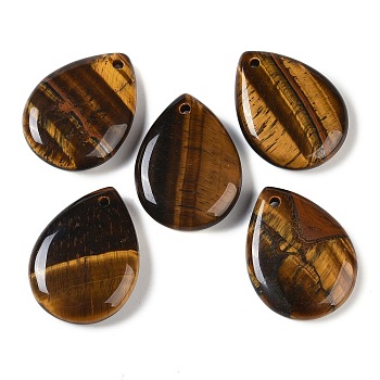 Natural Tiger Eye Pendants, Teardrop Charms, 33~33.5x24.5~25x7.5~8mm, Hole: 2~2.3mm