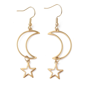 Hollow Star and Moon 304 Stainless Steel Dangle Earrings, Long Drop Earrings for Women, Golden, 60~62x17~17.5mm