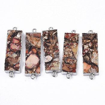 Assembled Synthetic Regalite/Imperial Jasper/Sea Sediment Jasper and Bronzite Links, Edge Platinum Plated, with Iron Loop, Rectangle, Orange, 44.5~45.5x13x5.5mm, Hole: 1.6mm