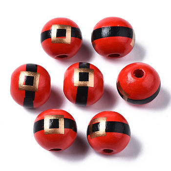 Painted Natural Wood European Beads, Large Hole Beads, Christmas, Printed, Round, Colorful, 16x15mm, Hole: 4mm