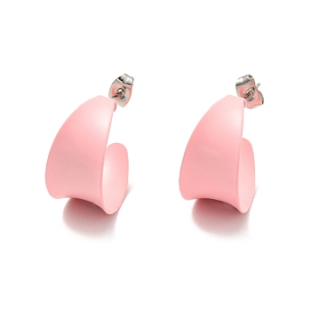 304 Stainless Steel Chunky Stud Earrings, Half Hoop Earrings for Women, Pink, 22x21x12mm, Pin: 0.7mm